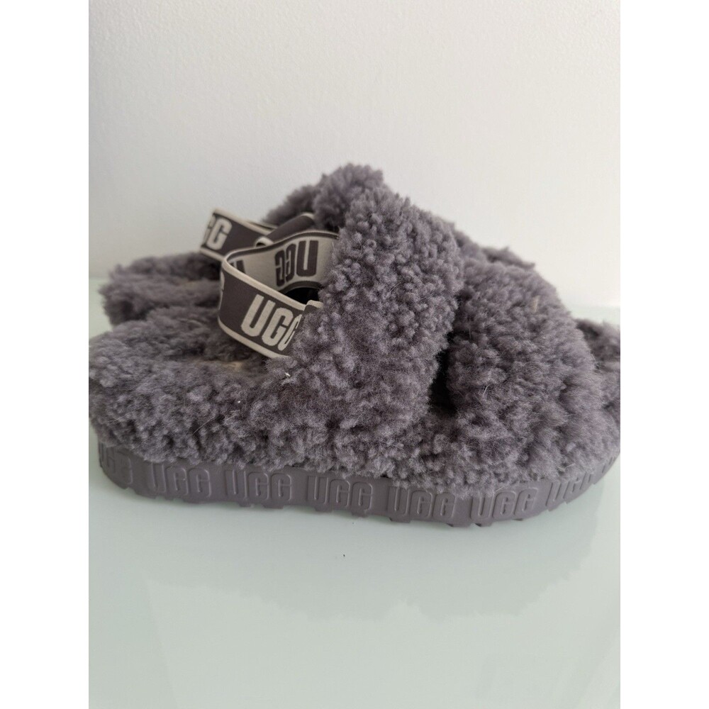 ✿ UGG Fluff Yeah Slide Slippers Gray Shearling Elastic Logo Strap Womens